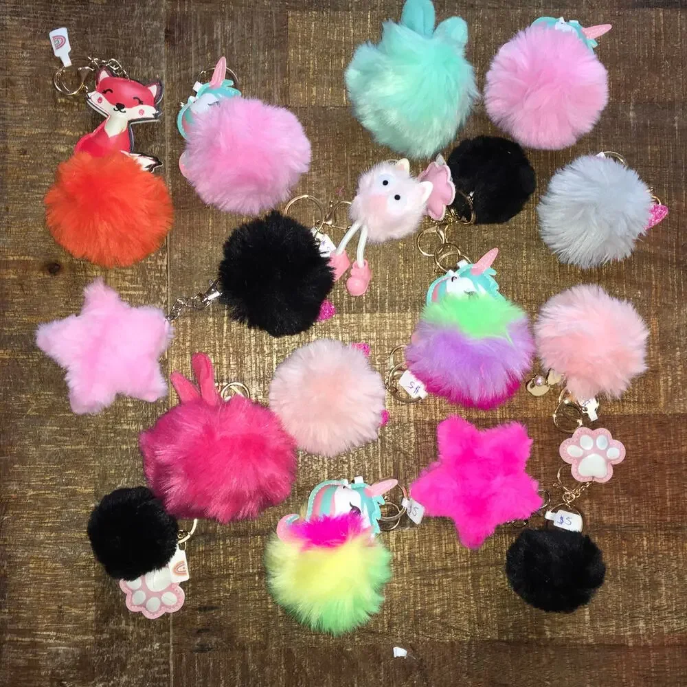 Faux Fur Pom Pom Keychain Bag Charms Assorted Wholesale LOT OF 16 Purse Charm